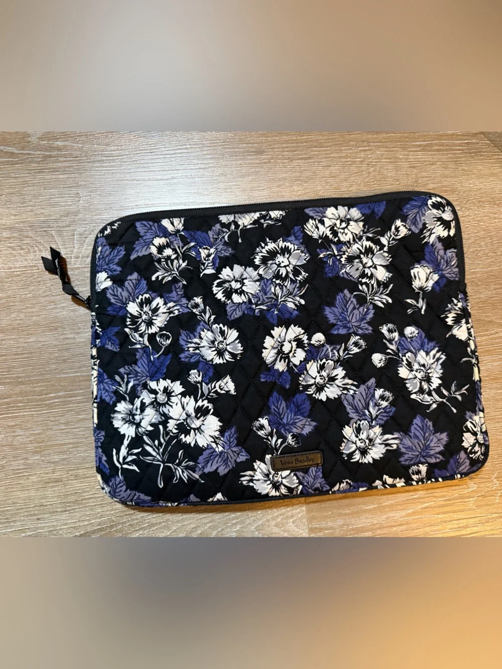 Vera Bradley Black Floral Quilted Laptop Sleeve with Purple and White Blossoms
